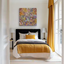Load image into Gallery viewer, Modern bedroom with a bed, yellow bedding, and colorful &quot;My Country (Utopia)&quot; Janet Golder Kngwarreye 94cm x 91cm Utopia Aboriginal Artwork
