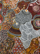 Load image into Gallery viewer, Zoomed view of intricate dotting and colour work in My Country Utopia painting by Janet Golder Kngwarreye.
