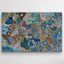 Load image into Gallery viewer, Full view of My Country (Utopia) painting in blue and earthy tones by Janet Golder Kngwarreye.
