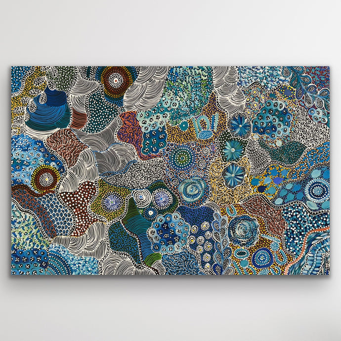 Full view of My Country (Utopia) painting in blue and earthy tones by Janet Golder Kngwarreye.