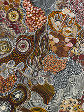 Load image into Gallery viewer, Detailed crop of white and grey circular motifs within Janet Golder Kngwarreye’s My Country Utopia.

