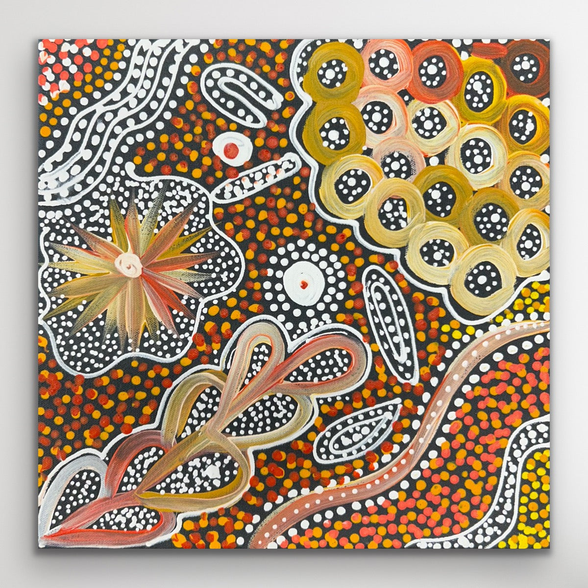 Aboriginal dot painting in earthy orange, yellow, black and white by Janet Golder.