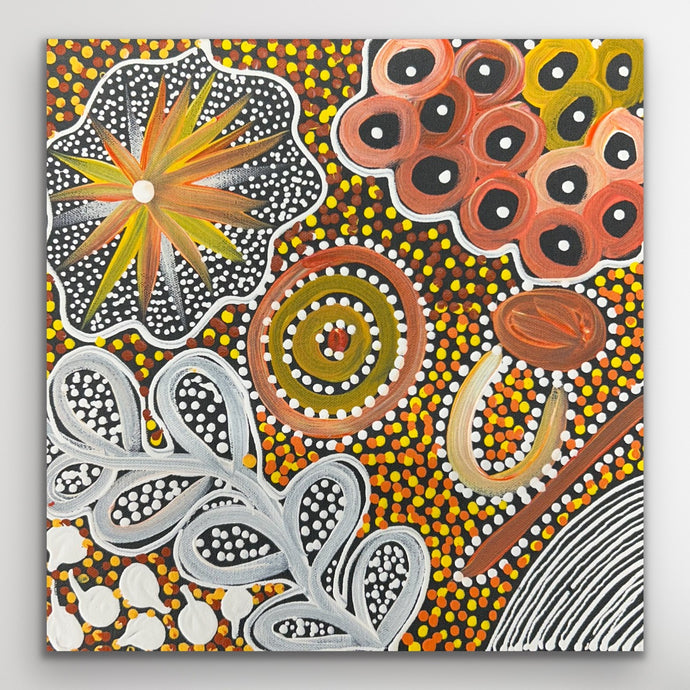 Square-format My Country (Utopia) artwork in orange, white and yellow dot painting.