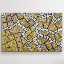 Load image into Gallery viewer, Full view of Maureen Nampijinpa Hudson’s My Country painting showing block like motifs and textured dot detailing.
