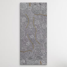 Load image into Gallery viewer, Aboriginal artist Nancy Martin Napangarti, Central Desert,  201cm x 88cm &quot;Bush Onion&quot; black, white gold Aboriginal painting shown vertical on white wall

