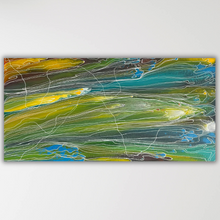 Load image into Gallery viewer, "Pantu (Salt Lake)" Janice Stanley 120cm x 60cm horizontal painting in green, blues and yellow
