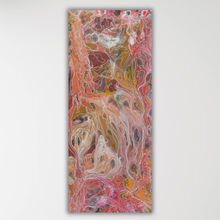 Load image into Gallery viewer, A tall, narrow Painting by Janice Stanley with swirling marbled patterns in pink, coral, orange, cream, brown, olive, and dark accents, shown against a light gray wall.
