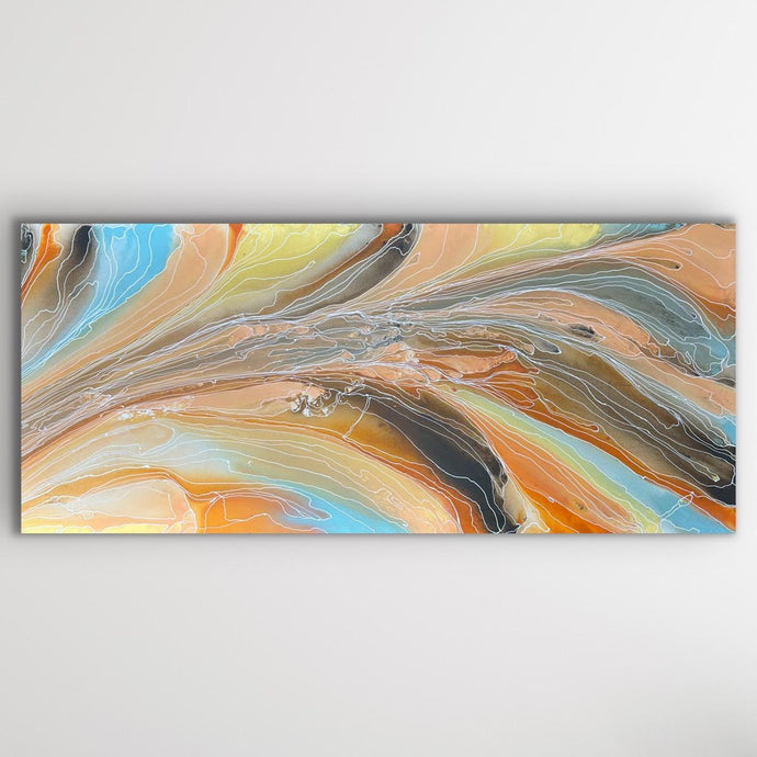 Janice Stanley’s Pantu Salt Lake painting showing sweeping ochre, blue and white tones symbolising salt lakes and desert waterways.