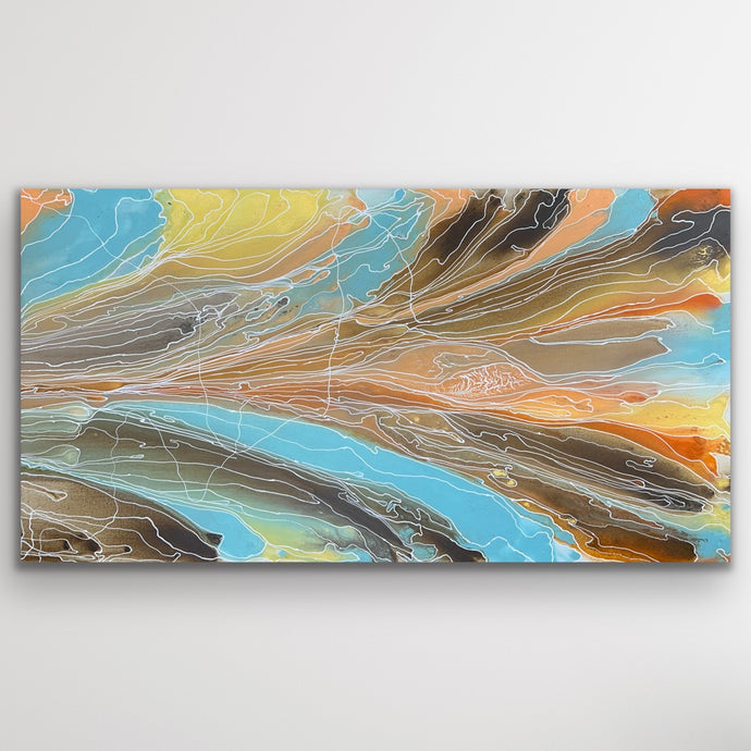 Flowing desert tones of ochre, cream and blue swirl together in Janice Stanley’s Pantu Salt Lake, capturing the calm rhythm of Country and movement of water through the land.