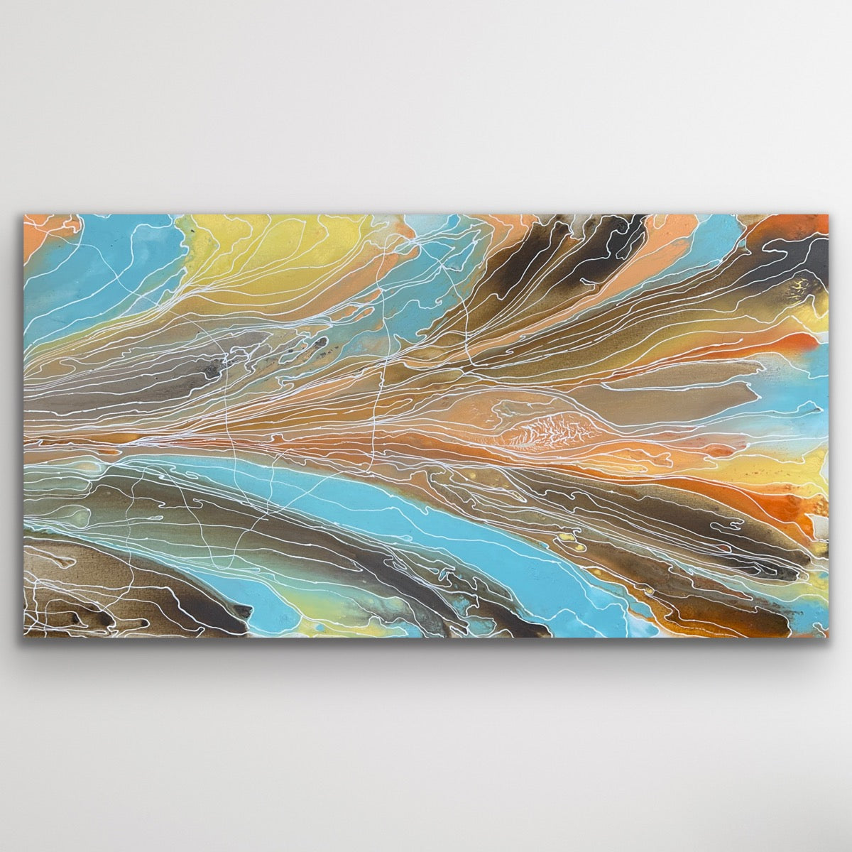 Flowing desert tones of ochre, cream and blue swirl together in Janice Stanley’s Pantu Salt Lake, capturing the calm rhythm of Country and movement of water through the land.
