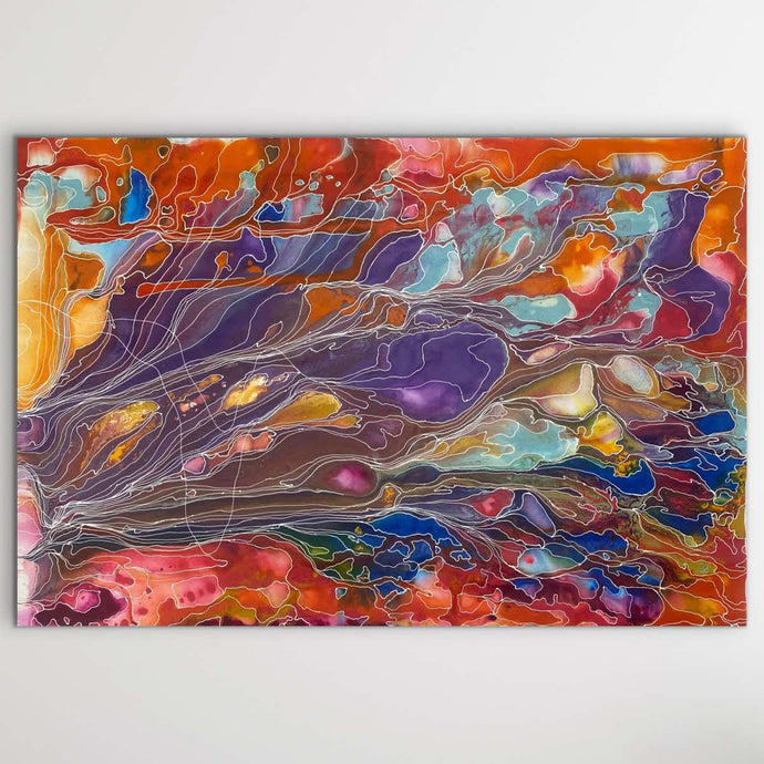 Vibrant tones of violet, orange and turquoise blend across Janice Stanley’s Pantu Salt Lake, echoing the shimmer and movement of the desert lakes near Mt Conner.