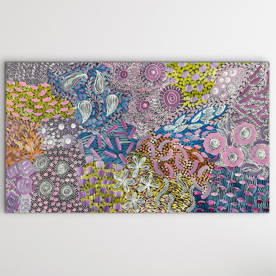 Karen Bird Aboriginal Art Pastel Colours full painting on white wall horizontal