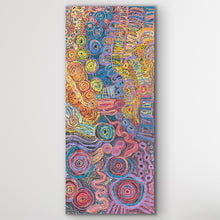 Load image into Gallery viewer, Vertical angle of Rhoda Tjitayi’s Pilitati Tjukurpa highlighting intricate brushwork and the soft transitions between purple and ochre tones.
