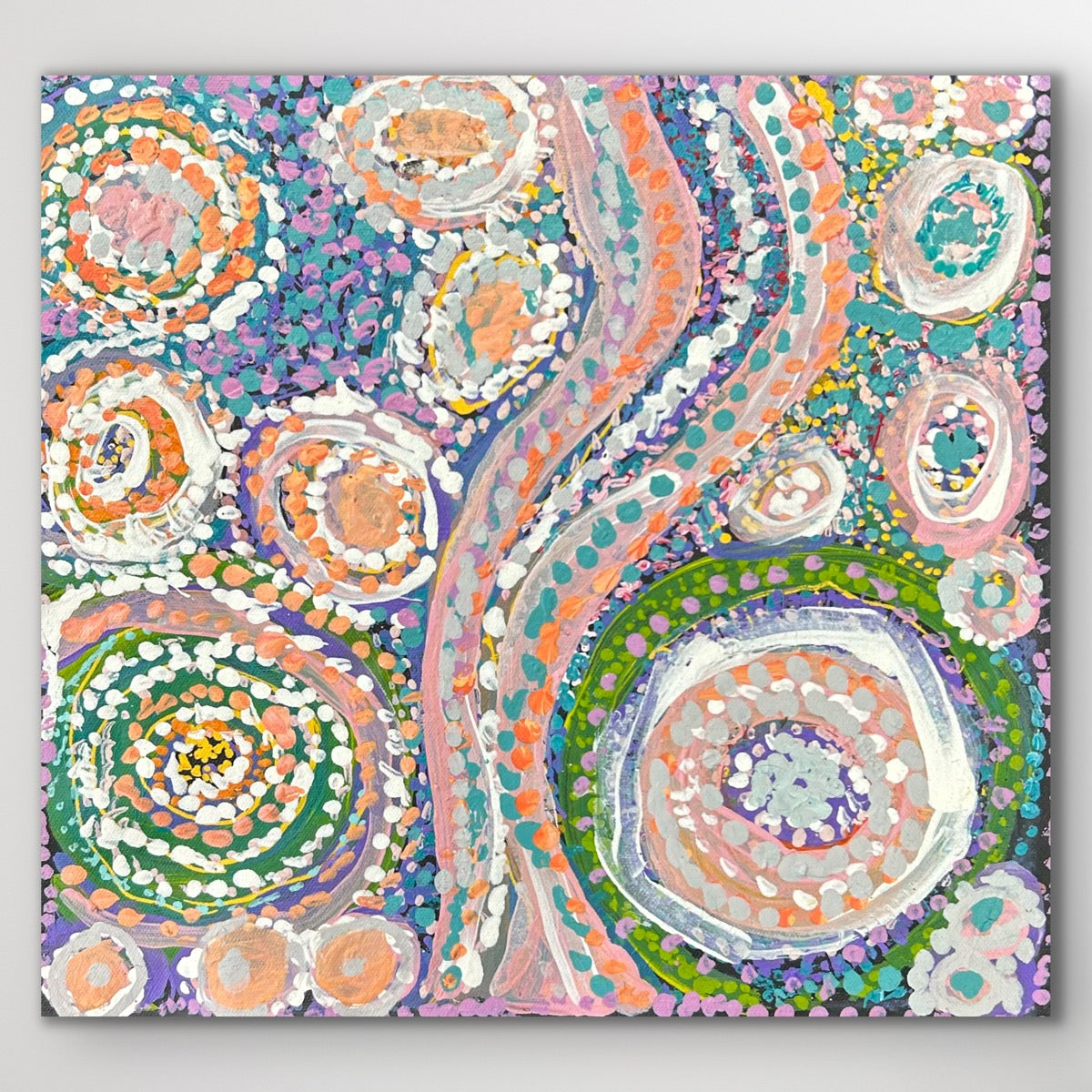 Square artwork view showing Piltati Tjukurpa by Rhoda Tjitayi, featuring circular motifs, waterholes and soft pink-green tones.