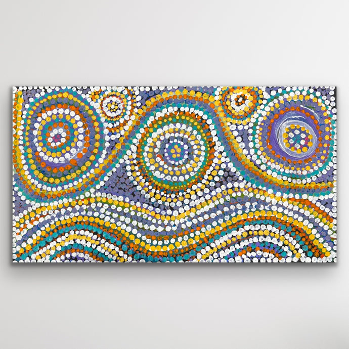 Full artwork view showing circular designs that symbolise sacred waterholes and journeys.