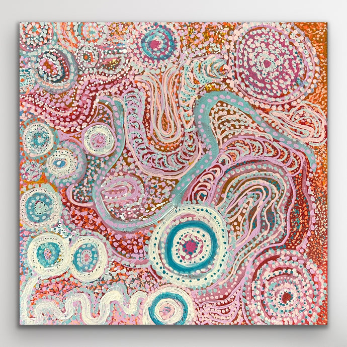 Full square artwork image of Piltati Tjukurpa by Rhoda Tjitayi, featuring circular water motifs and intricate pastel detailing.
