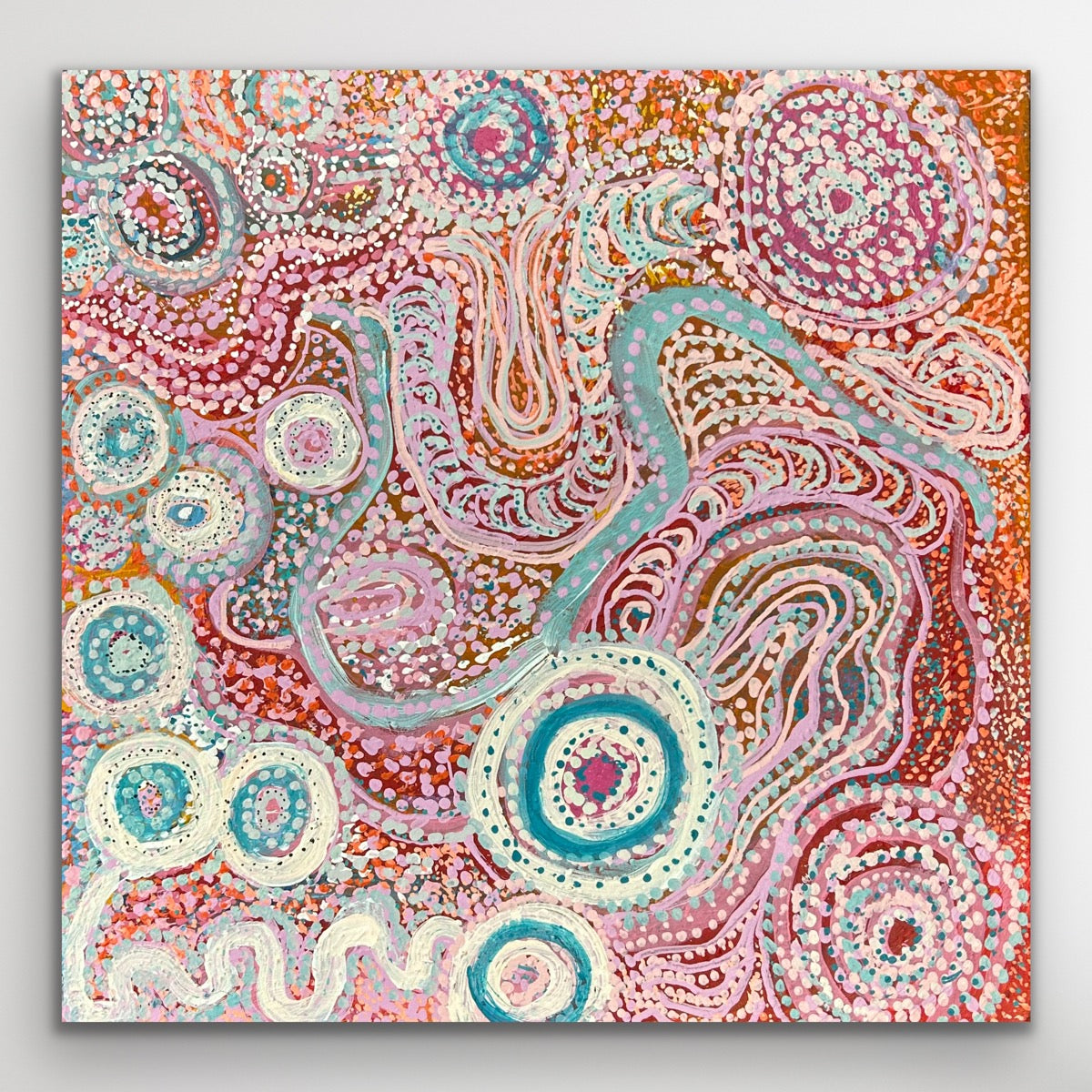 Full square artwork image of Piltati Tjukurpa by Rhoda Tjitayi, featuring circular water motifs and intricate pastel detailing.