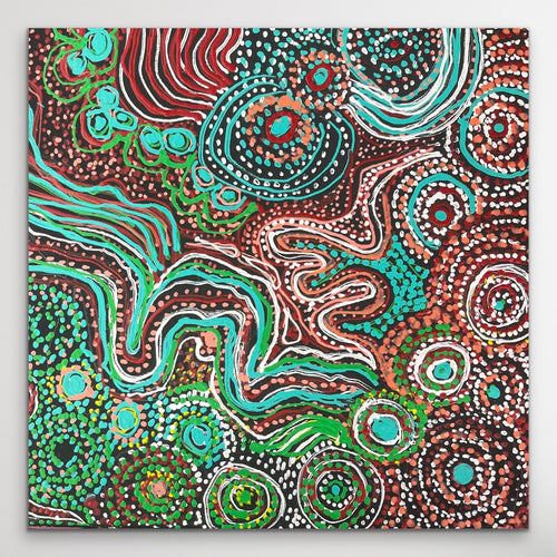 Aboriginal artwork “Piltati Tjukurpa” by Rhoda Tjitayi depicting the Dreaming of two sisters and water snakes in desert colours