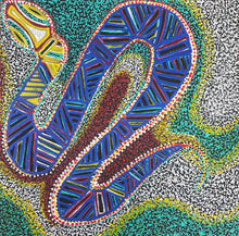 Load image into Gallery viewer, Detailed view showing flowing patterns and vibrant colour in Rhoda Tjitayi’s Piltati Tjukurpa Dreaming painting
