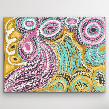 Load image into Gallery viewer, Full view of Rhoda Tjitayi’s Piltati Tjukurpa painting showing sweeping pink, teal and yellow dotted pathways.
