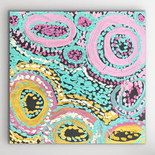 Load image into Gallery viewer, Full view of Piltati Tjukurpa by Rhoda Tjitayi showing layered circular forms in pink teal yellow and white dot work.
