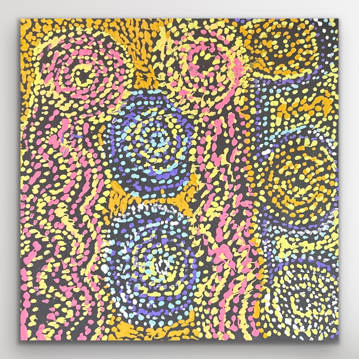 Full view of Piltati Tjukurpa by Rhoda Tjitayi showing dense dot work with circular forms in yellow blue and pink tones.