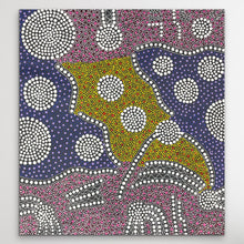Load image into Gallery viewer, Indigenous artwork with circular patterns in purple, yellow, and white on wall
