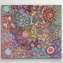 Load image into Gallery viewer, A luminous balance of coral, blue and gold tones forming intricate dotted pathways across the canvas.

