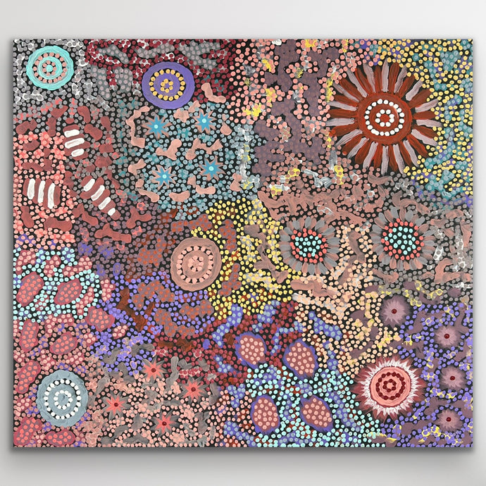 A luminous balance of coral, blue and gold tones forming intricate dotted pathways across the canvas.
