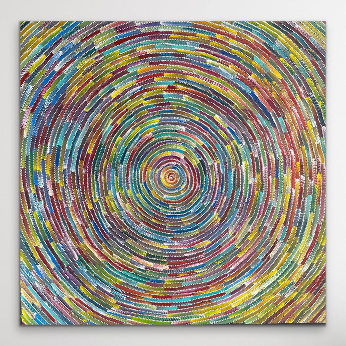 Colorful circular contemporary Aboriginal painting on a gray background
