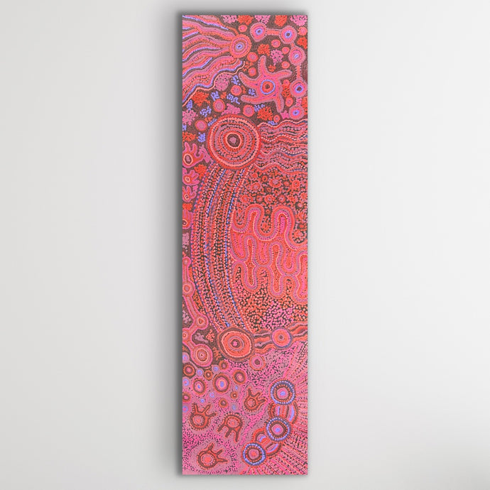 Vertical Aboriginal art Mamungari-Nya by Renae Nakamarra Nelson in pinks and ochre