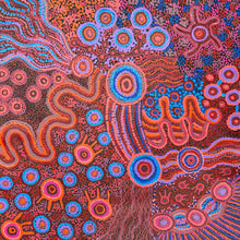 Load image into Gallery viewer, Detailed view of Mamungari-Nya Aboriginal painting featuring red and blue by Renae Nakamarra Nelson
