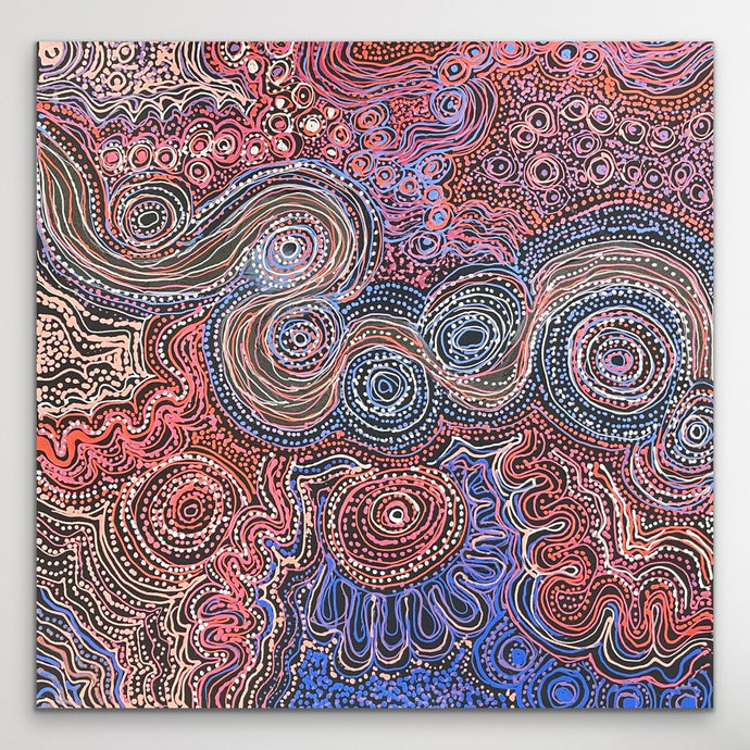 Authentic Aboriginal artwork 'Piltati Tjukurpa' by Rhoda Tjitayi shown vertically, detailed dot painting from APY Lands with Dreamtime story 60cm x 60cm