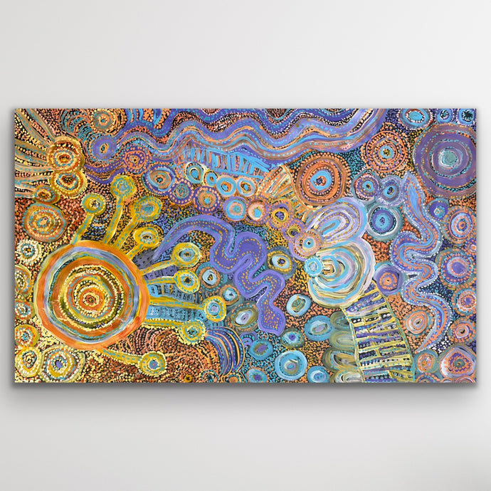 Full image of Piltati Tjukurpa by Rhoda Tjitayi, showing oranges, blues and yellows illustrating the sisters’ Dreaming story.