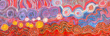 Load image into Gallery viewer, Rhoda Tjitayi’s Pututju (Anumara Tjukurrpa / Caterpillar Dreaming) Aboriginal Australian artwork, measuring 115cm x 40cm, featuring vibrant red, blue, orange, yellow and purple patterns inspired by Caterpillar Dreaming.
