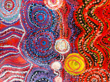 Load image into Gallery viewer, Close-up of Pututju (Anumara Tjukurrpa / Caterpillar Dreaming) by Aboriginal artist Rhoda Tjitayi, featuring colourful circular motifs and intricate red, blue, yellow and orange patterns.
