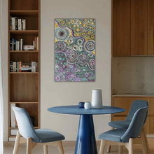 Load image into Gallery viewer, Dining room with a blue table and chairs, with Caterpillar Dreaming 

