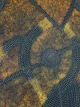Load image into Gallery viewer, Detailed section of Bush Plum Dreaming painting by Roseanne Morton with earthy tones
