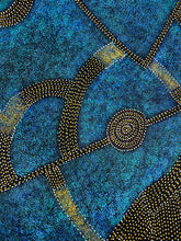 Load image into Gallery viewer, Section of Bush Plum Dreaming painting by Roseanne Morton with bold blue patterns
