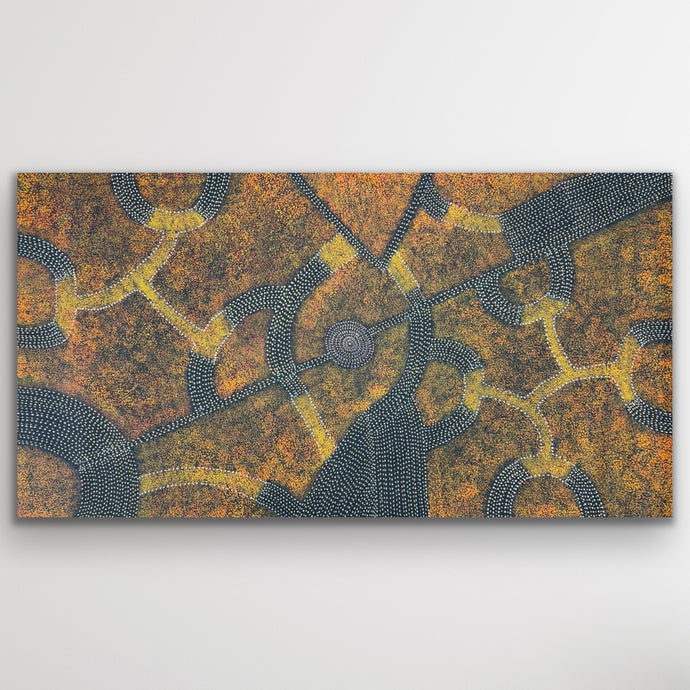 Wide Bush Plum Dreaming painting by Roseanne Morton with ochre and golden hues