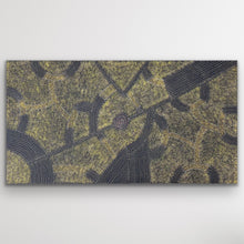Load image into Gallery viewer, Wide canvas Bush Plum artwork by Roseanne Morton with fine dotting and desert tones
