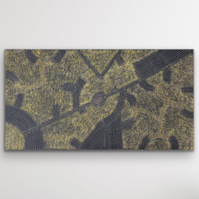 Wide canvas Bush Plum artwork by Roseanne Morton with fine dotting and desert tones