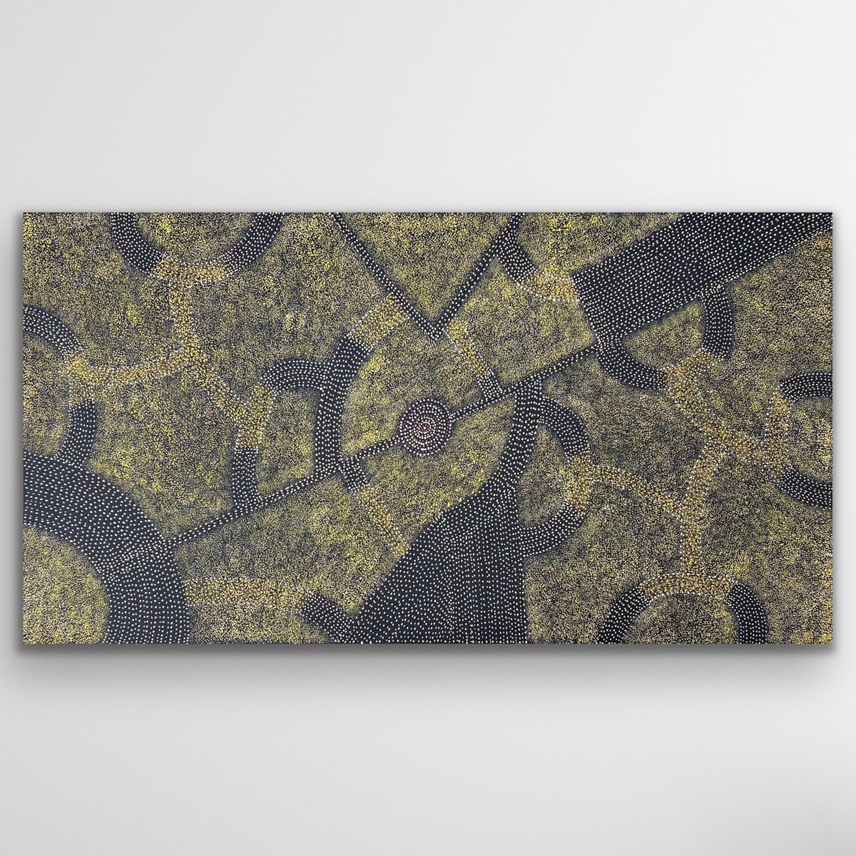 Wide canvas Bush Plum artwork by Roseanne Morton with fine dotting and desert tones
