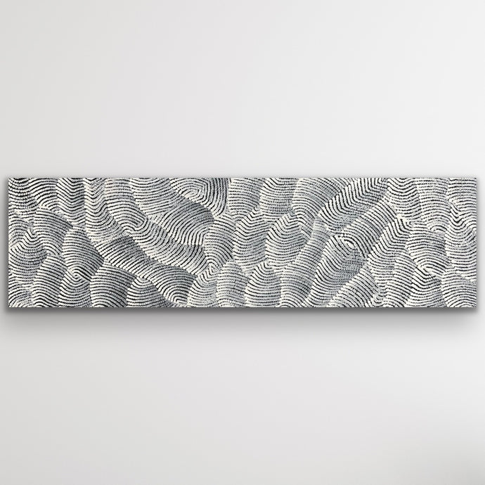 Wide artwork showing soft grey and white dot patterns inspired by desert dunes and windswept textures.
