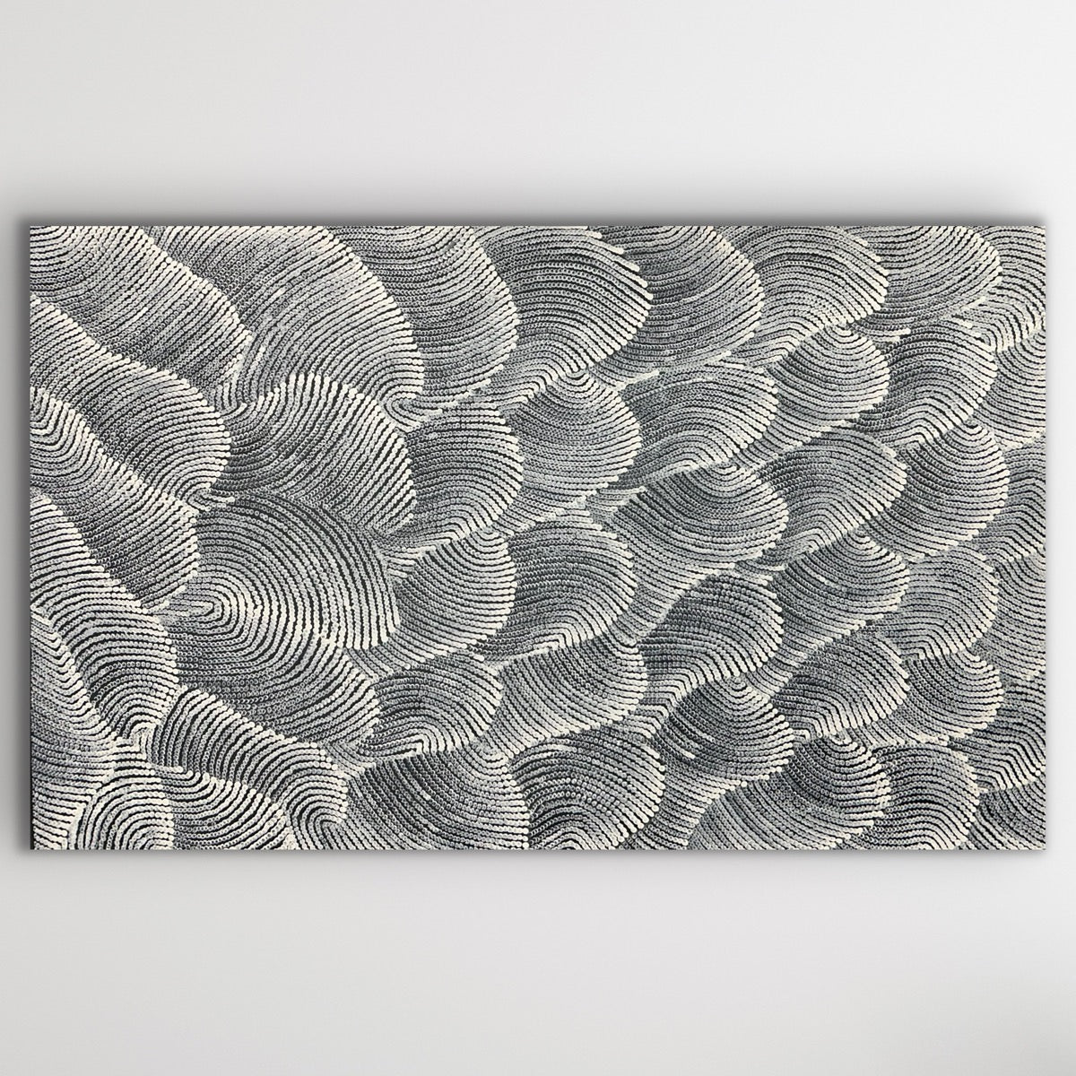 Full image of Sand Dunes (Tali) by Maureen Nampijinpa Hudson showing delicate layers of soft grey and white dot work symbolising desert ridges.
