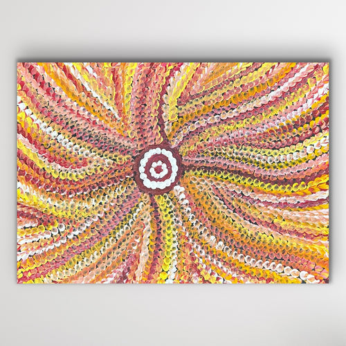 Radiating lines of yellow, red and white symbolise the wind-shaped dunes of Central Australia.
