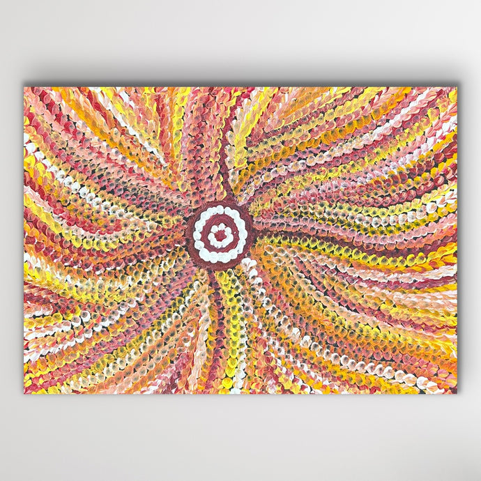 Radiating lines of yellow, red and white symbolise the wind-shaped dunes of Central Australia.