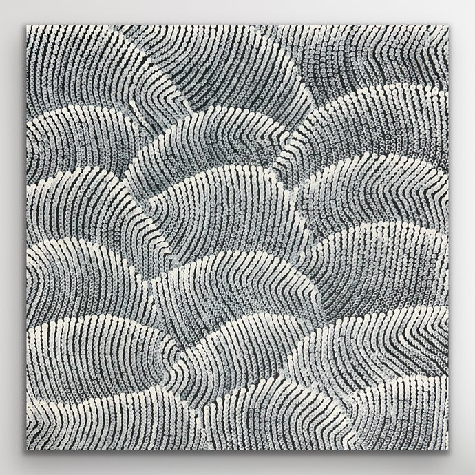 Square composition of Sand Dunes (Tali) by Maureen Nampijinpa Hudson, showing fine grey dot work symbolising desert ridges shaped by wind.