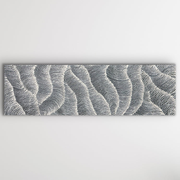 Full view of Sand Dunes (Tali) by Maureen Nampijinpa Hudson featuring intricate grey and white patterns representing shifting desert forms.