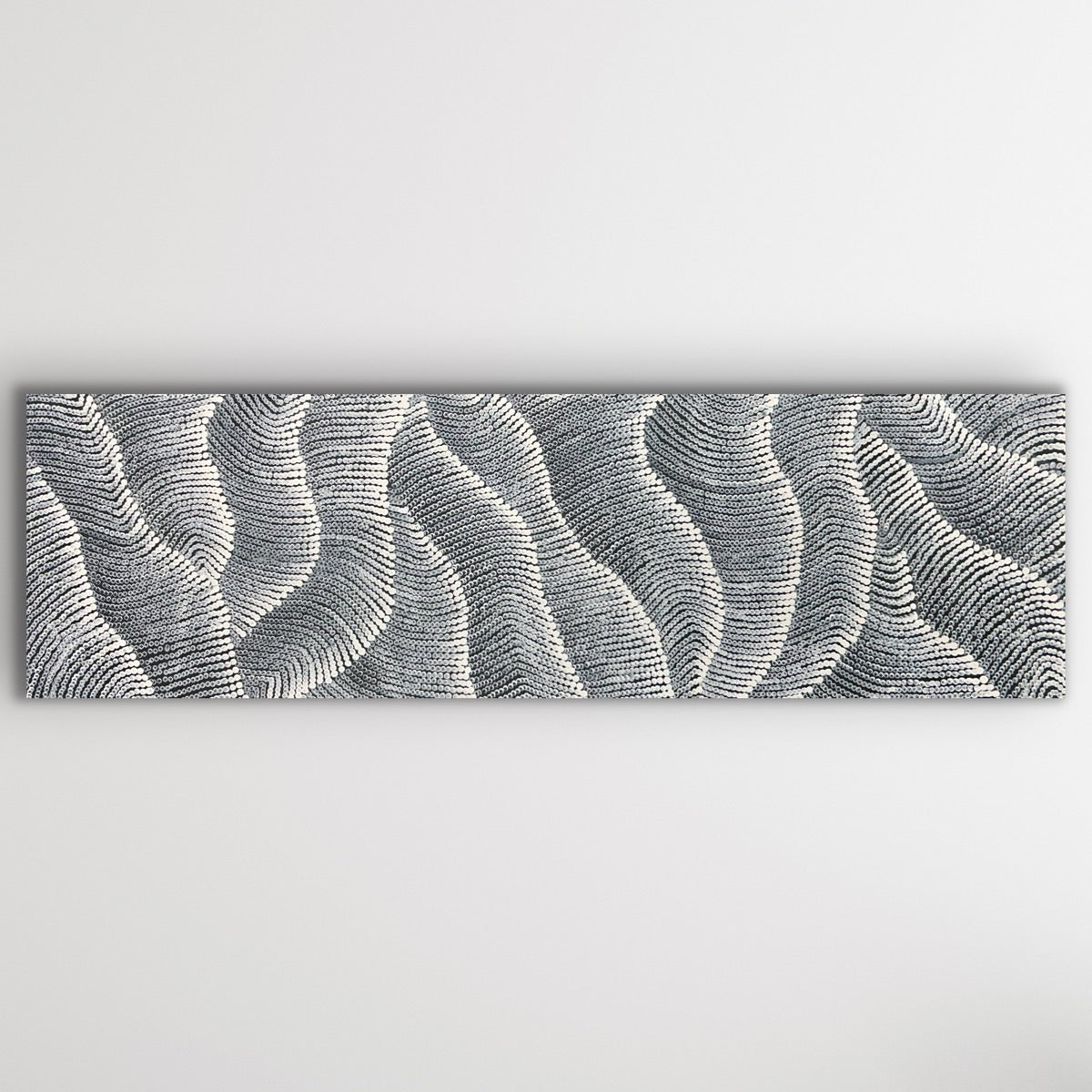 Full view of Sand Dunes (Tali) by Maureen Nampijinpa Hudson featuring intricate grey and white patterns representing shifting desert forms.